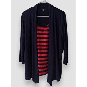 Croft & Barrow Mock-Layer Print Cardigan Sz XL 3/4 Sleeves Navy Striped Tank NWT